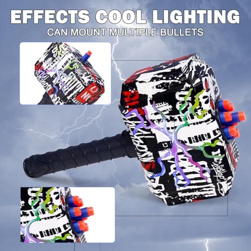 TENTAM Dart Blasting Hammer Toys with Lights - Kids Roleplay Toy Thunder Mjolnir Shooting Games for Kids, Birthday Gift, Party Favors Includes 30 Darts 1 Target(Colorful) - Thumbnail 2