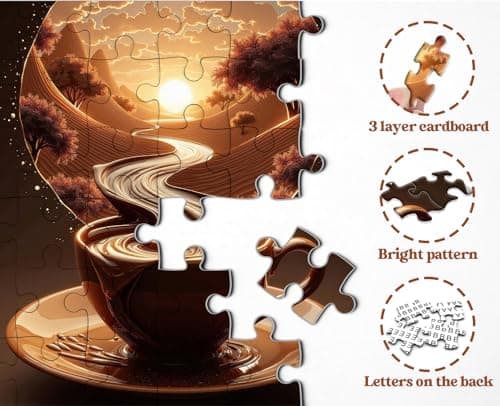 Sunset Coffee Puzzles for Adults 1000 Pieces, Fantasy River Nature Landscape Art Jigsaw Puzzle, Challenging Aesthetic Coffee Cup Puzzle for Home Wall Decor - Thumbnail 4