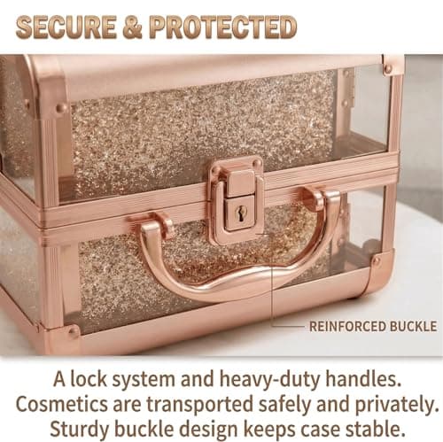 VETALLO Makeup Train Case Travel - Portable Cosmetic Storage Organizer Box Adjustable With 2 Trays, With Lock And Compartments,8.4 Inch Gold - Thumbnail 5