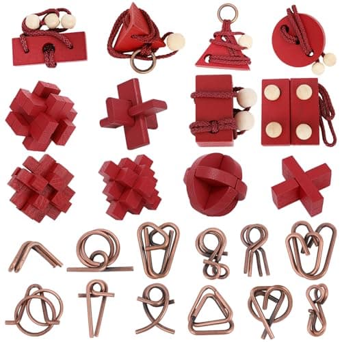 24 Pcs Brain Teaser Puzzles for Adults - Metal & Wooden 3D IQ Test Logic Game, Unlock Interlocking Brain Puzzle Toys for Teens Kids, Smart Educational Desk Toy for Mind Challenges - Image 1