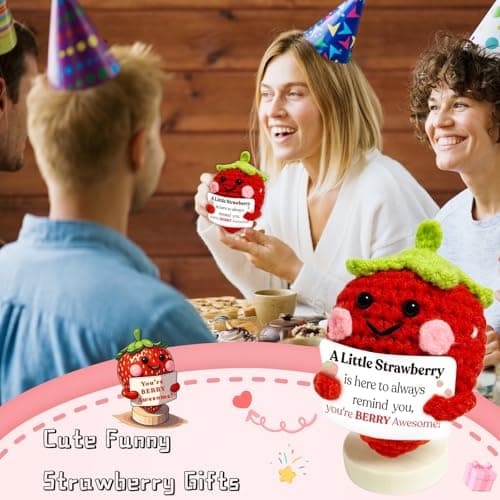 Maffuno Positive Crochet Strawberry Gifts for Women: Easter Basket Stuffers Birthday Gifts for Friend Daughter Mom Sister Her, Handmade Strawberry with Emotional Cheer Up Support Card (Berry Awesome) - Thumbnail 6