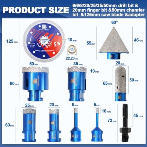 BRSCHNITT Diamond Core Drill Bit Set - Tile Hole Saw for Porcelain Tile Ceramic Marble Granite Drilling&4/5"& 2" Diamond Chamfer Finger Bit&Adapter & 5" Saw Blade - Thumbnail 2