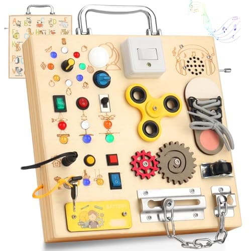 Wooden Busy Board with LED Light Montessori Baby Learning Toys for Toddlers , Sensory Activity Board, Travel Educational Toys, Boy & Girl Birthday Gift (Silver Handle) - Image 1