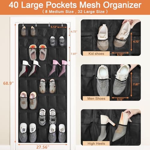 FENTEC 40 Large Pockets Over The Door Shoe Organizer, Mesh Hanging Shoe Organizer Shoe Rack for Closet Mesh Closet Shoe Holder, Over Door Organizer, Shoe Organizer for Wall, Black, 1 Pack - Thumbnail 6