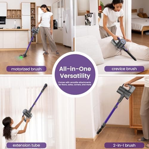 Suirviz Cordless Vacuum Cleaner, 40KPA/500W/35Mins, Powerful Suction with Green LED Dust Detection, Stick Vacuum Self-Standing, Lightweight Handheld Vacuum for Pet Hair, Carpet & Hard Floor, Purple - Thumbnail 4
