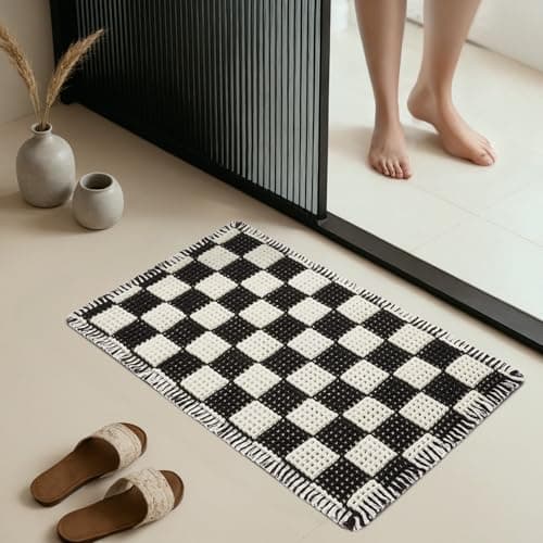 MatEssenz Checkered Bath Mat 20"x30", Black and White Waffle Weave Bathroom Rug with Tassels, Non-Slip & Quick Dry Bath Rugs for Shower, Machine Washable, Skin-Friendly & Pet Safe Boho Decor - Image 1