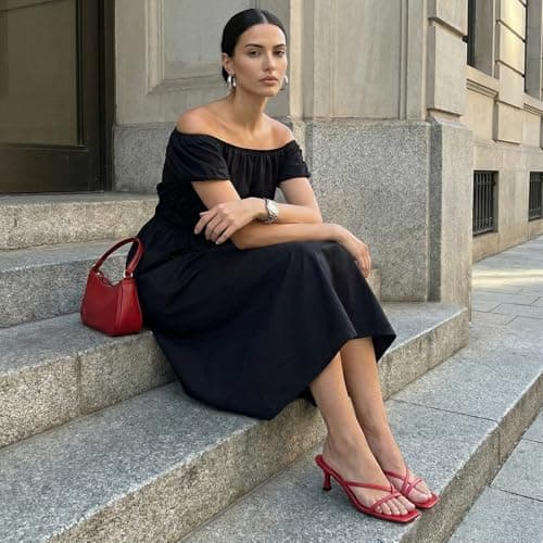 Athlefit Kitten Heels for Women Square Open Toe Strappy Flip Flop Heels Sexy Party Dress Shoes Thong Heeled Sandals Red Size 8 - Thumbnail 2