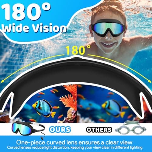 Vvinca Swim Goggles, Kids Goggles with Earplugs& Nose Clip Wide View Anti-Fog/UV Swimming Goggles for Age 3-15 Boys Girls - Thumbnail 5