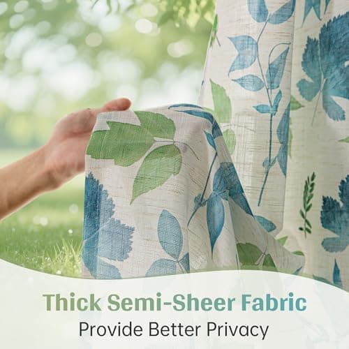 Blue Country Curtains 63 Inches Long for Living Room Light Filtering- 2 Panel Floral Leaves Patterned Semi Sheer Curtains for Farmhouse Bedroom Dining Room, 52 x 63 inch, Green and Light Blue Printed - Thumbnail 5