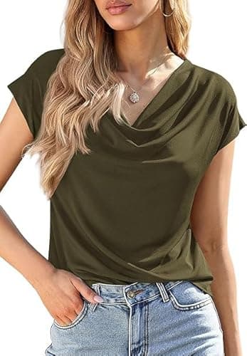 BTFBM Cowl Neck Tops for Women 2026 Spring Womens Tops Dressy Casual Business Blouses Short Sleeve Shirts Summer Outfits(Army Green, X-Large) - Image 1