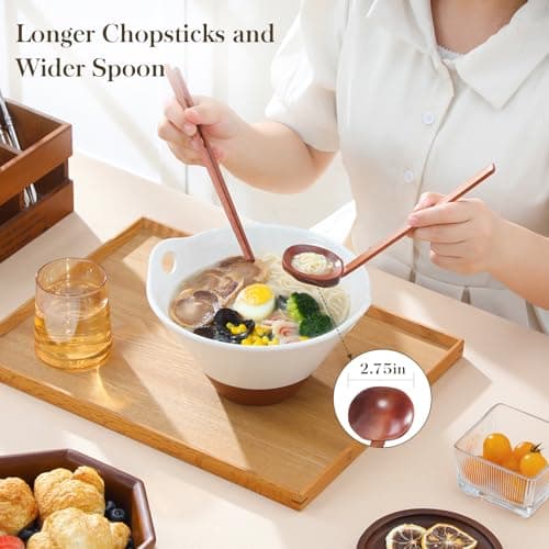 MALACASA 42 oz Ceramic Ramen Bowl Set with Wooden Spoon & Chopsticks, Japanese Style Soup Bowls for Ramen, Pho, Noodles – Set of 2, Microwave & Oven Safe – TARA Series (White and Khaki) - Thumbnail 3
