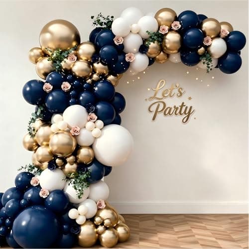 Navy Blue White Gold Balloon Garland Arch Kit, Royal Blue Gold White Balloons for Graduation Anniversary Wedding New Year Birthday Party Decorations - Image 1