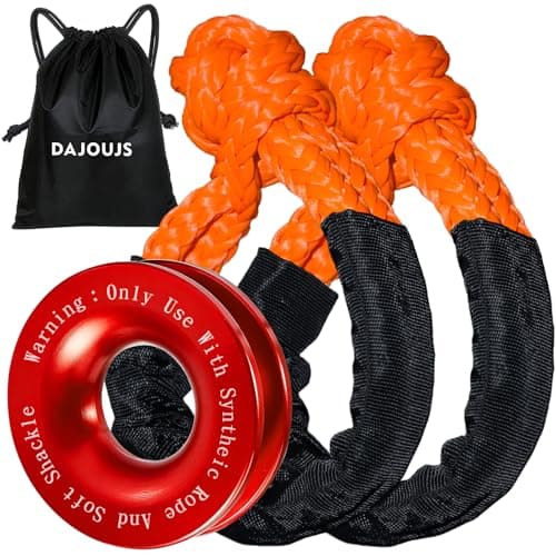 DAJOUJS Synthetic Soft Shackle Rope 1/2 x 22 Inch Orange Recovery Tow Shackles with Red Snatch Recovery Ring 56,000lbs Breaking Strength Offroad Soft Shackle Recovery Kit for Off-Road ATV UTV Vehicles