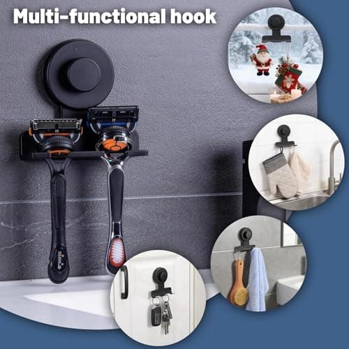 warlve No-Drill Suction Cup Razor and Shaver Holder, Stainless Steel Shower Hook for Towel & Loofah, Damage-Free Reusable Bathroom Wall Organizer 2 Pack Matte Black - Thumbnail 3