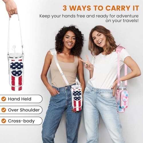 BOCMTR Water Bottle Holder with Strap for Stanley 30/40 oz Tumbler, Fashion Stanley Cup Bag with Big Phone Pocket, Silicone Boot, Straw Cover & Leak Proof Stoppers (U.S. Flag) - Thumbnail 2