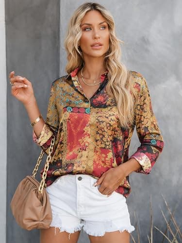 CUNLIN Women Puff Long Sleeve Spring Tops Button Down Shirts Dressy Casual Floral Blouse Boho Fashion Silk Blouse Multi-Color Patchwork Paisley Size L - Thumbnail 2