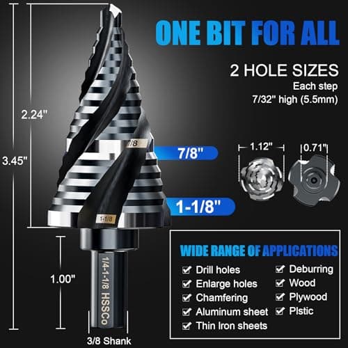 Four Spiral Flute M35 Step Drill Bit Set 1/4" - 1-1/8”(15 Sizes), 3/8" Shank for Metal Step Drill bit, Impact Resistant Cobalt Step Drill Bit, for Stainless Steel, Wood, Aluminum, Plastic - Thumbnail 5