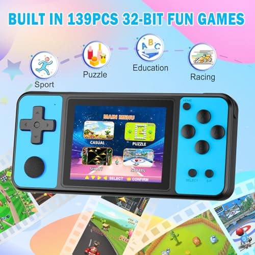 Beico 32 Bit Handheld Games for Kids Preloaded 139 Video Games,Portable Electronic Toys with 3.0" IPS Screen Rechargeable Battery,Gaming System Birthday Gifts for Boys Girls Ages 4-12 (Blue) - Thumbnail 2