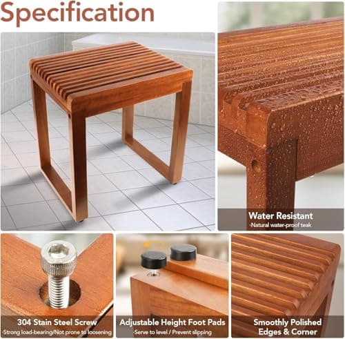 RUIERS Compact Teak Shower Bench 15.7” – Heavy Duty 500 lbs, Waterproof Bath Stool for Small Walk-in Shower, Elderly & Disabled Safe Shower Seat - Thumbnail 5