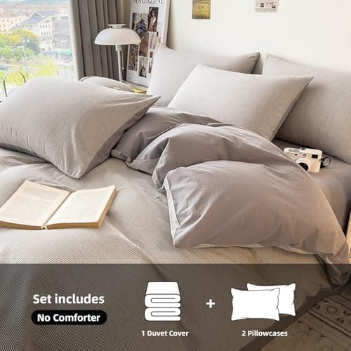DCSKY Duvet Cover Set - 100% Washed Cotton, 3 Piece Pre-Washed Super Soft Breathable Bedding with Duvet Cover and 2 Pillow Cases (01Gray(No Comforter), King (104''x90'')) - Thumbnail 2