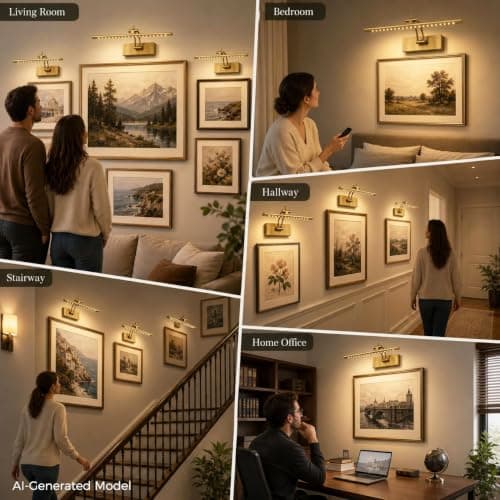 JOOSENLUX Rechargeable Picture Light, 16" Brass Battery Operated Wall Sconce with Remote, Dimmable LED Art Light for Paintings, Timer, Swing Arm - Thumbnail 6