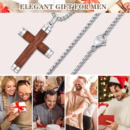 Wooden Cross Necklace for Men-Hawaiian Real Handmade Ebony Wood Cross Pendant Necklace Stainless Steel Chain, Mens Brown Cross Necklaces Koa Wood Jewelry Christian Baptism Crucifix Pendant for Men - Thumbnail 6