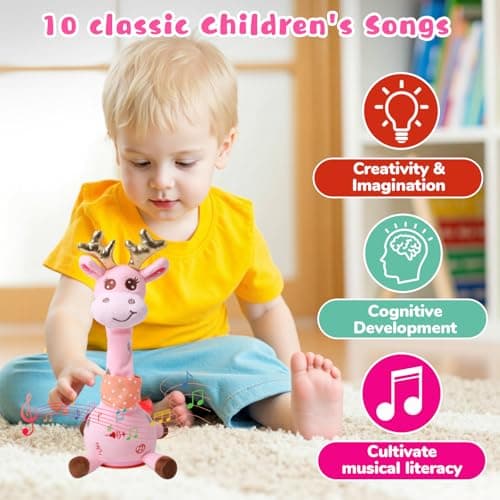 MIAODAM Dancing Talking Giraffe Stuffed Animal, Singing 10 Children's Song, Baby Toy Repeats What You Say, Colorful Glowing Giraffe PlushToys for Toddlers 1-3 Year Easter Day Gifts for Kids(Pink) - Thumbnail 3