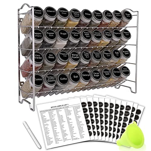 SWOMMOLY Spice Rack Organizer with 36 Empty Square Spice Jars, 396 Spice Labels with Chalk Marker and Funnel Complete Set, for Countertop, Cabinet or Wall Mount,Silver - Image 1