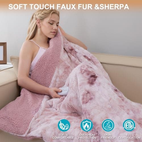 Heated Blanket Full Size,Pink Electric Blanket 72"x 84",Soft Faux Fur Tie-Dye Heating Blanket,5 Heating Levels & 10 Hrs Auto Off,Over-Heat Protection, ETL Certification - Thumbnail 6