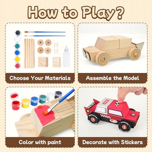 Wooden Build Paint Art Crafts Kit 3 Pack, Make Your Own Car Boat & Plane DIY Craft Toys for Kids Boys, STEM Educational Toy Set for Kids Ages 4-8, 8-12 - Thumbnail 3