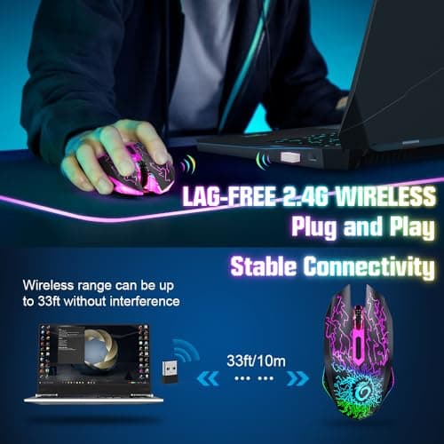 VersionTECH. Wireless Gaming Mouse, Rechargeable Computer Mouse Mice with Colorful LED Lights, Silent Click, 2.4G USB Nano Receiver, 3 Level DPI for PC Gamer Laptop Desktop Chromebook Mac-Black - Thumbnail 3