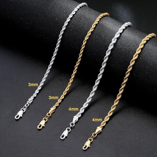 HIMSTORY Gold Chain for Men, 18K Gold Plated 925 Sterling Silver 3mm Rope Chain Necklace for Men Jewelry Sturdy Non-Fading Mens Chains Gifts for Dad Husband 24 Inch - Thumbnail 5