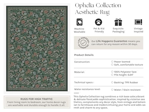HUGEAR Retro Area Rugs 6x9 Washable Living Room Bedroom Rugs Vintage Floral Throw Carpet Green Stain Resistant Non Slip Low Pile for Home Aesthetic Modern Decor - Thumbnail 3