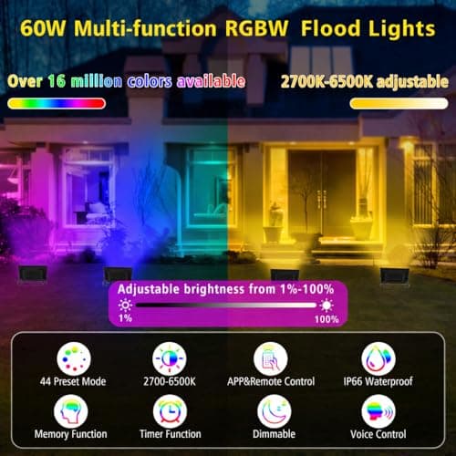 T-SUN RGB Flood Lights Outdoor, 600W Equivalent Color Changing Landscape LED Light with APP Control, Waterproof Floodlight with 16 Million Colors, Timing, Music Sync (RGB-APP Control, 60W-2Pack) - Thumbnail 2
