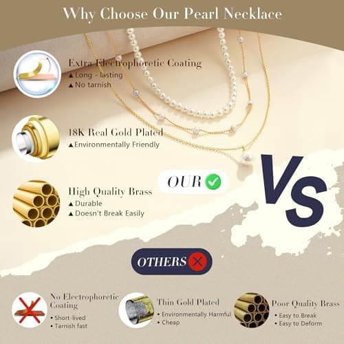 Fezodo Gold Layered Pearl Necklaces for Women, Dainty Pearls Necklace Trendy Pearl Choker Stack Cute Pearls Wedding Bridesmaid Bride Jewelry Gold Necklace for Women Jewelry Gifts - Thumbnail 6