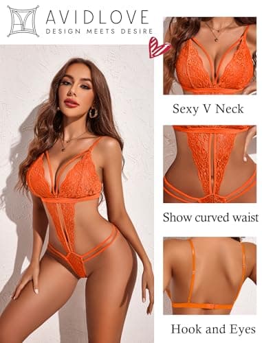 Avidlove Lingerie for Women Lace One Piece Bodysuit Babydoll Teddy Lingerie (Orange, X-Small) - Thumbnail 2