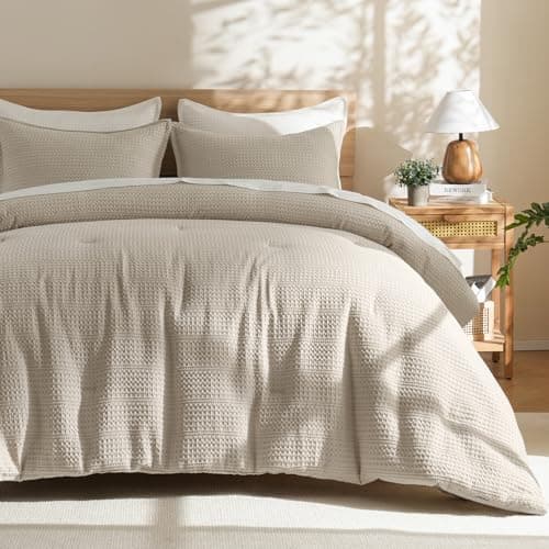 PHF Soft Waffle Comforter Set Twin Size- Comfy Breathable Waffle Weave Comforter with 1 Pillow Shams, 2 Pieces Less Snagging Lightweight Textured Bedding Set for All Season, Natural/Linen - Image 1