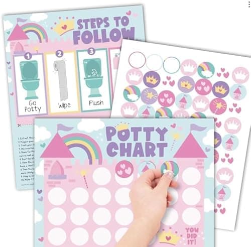 Hadley Designs Potty Training Chart for Toddlers Girls -10 Sticker Potty Chart for Toddlers Girls, 8.5x11" Potty Training Sticker Charts for Toilet Success, Princess Toddler Reward Chart for Kids - Image 1