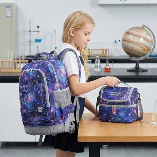 BAMIFEI 18 Inch Purple Galaxy Rolling Backpack for Girls, Galaxy Backpacks Girls Backpack with Wheels School Backpack Spacious Multiple Compartments Quiet Wheels Travel Backpack for Kids - Thumbnail 5