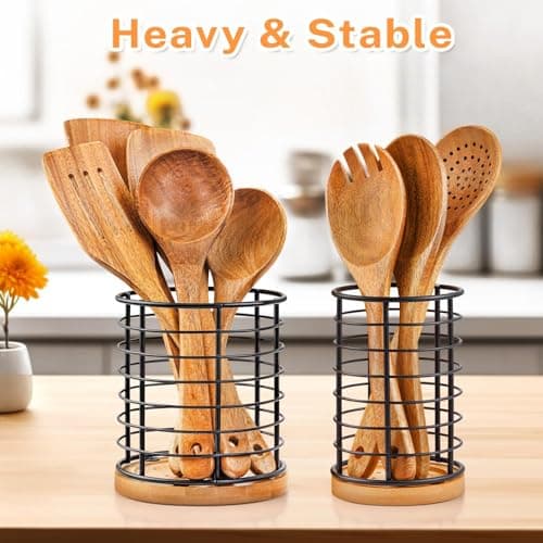 hunnycook 2-Piece Utensil Holders - 5.1*5.1*5.8 and 3.7*3.7*5.8 inches Kitchen Utensil Holders, Metal Black Crocks with Wooden Base, Easy to Drain - Thumbnail 4