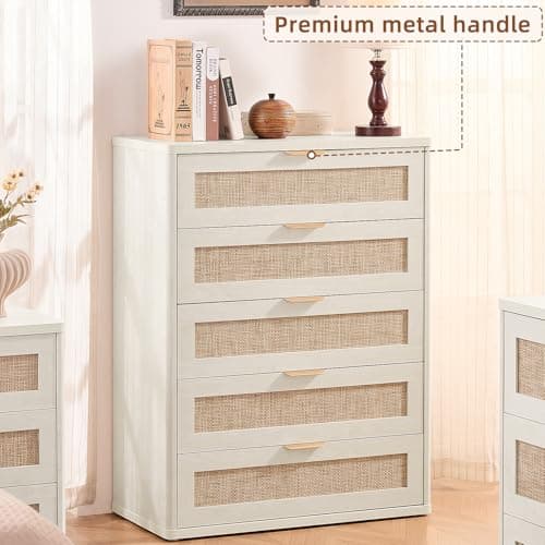 LEYAOYAO Rattan Dresser for Bedroom, 41" Tall Dressers Chest of Drawers, Boho Small Dressers with 5 Drawers, Grey White Dresser Wooden Closet Organizer for Living Room, Hallway - Thumbnail 3
