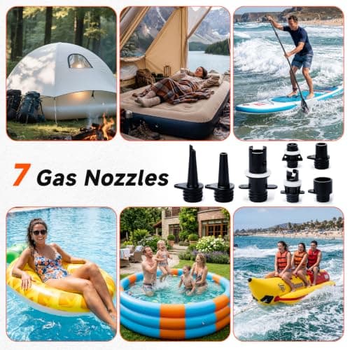 Paddle Board Electric Pump, 50 PSI High Pressure SUP Pump with Auto-Off, 12V DC Paddleboard Pump with Inflation & Deflation, 8 Nozzles Air Pump for Paddle Board, Inflatables, Kayaks, Car Tires, Orange - Thumbnail 6
