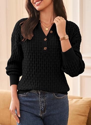 Dokotoo Women Sweater Long Sleeve V Neck Henley Shirts Button Sweater Solid Color Ribbed Waffle Knit Tops Casual Loose Fit Pullover Jumper Cable Knit Oversized Sweaters for Women Fall Medium - Thumbnail 2