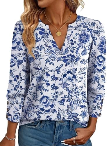 NORACORA Womens Tops 3/4 Sleeve Printed Dressy Casual Blouses for Women V Neck T Shirts Beach Vacation Boho Floral Spring Summer Outfits Blue Floral L - Image 1
