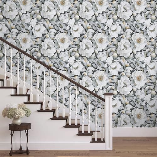 White Wallpaper Peel and Stick, Vintage Grey Peonies Floral Contact Paper 17.5" x 393.7", Retro Self Adhesive Removable Vinyl Waterproof Flower Wallpaper for Bedroom Walls Cabinet Home Decoration - Thumbnail 3