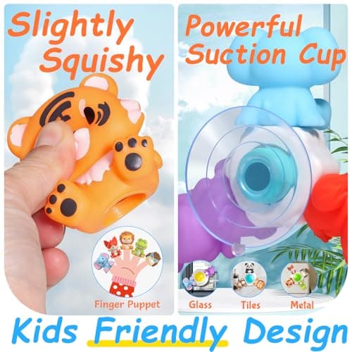 3PCS Cute Safari Animals Suction Spinner Toys for Babies, Detachable Soft Animal Figurines Finger Puppet, Bath Toy for Toddler Ages 1-3, Montessori Toys Birthday Gifts for Boys and Girls 12 Months+ - Thumbnail 2