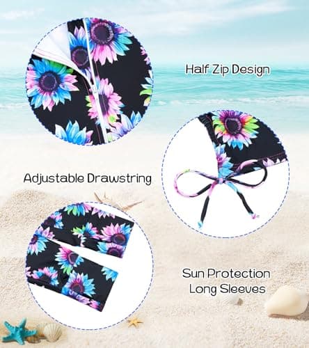 Girls' Swimwear Size 11-12 Black Rash Guard for Teens Purple Swimsuit 2 Pieces Sunflower Rashguard 11/12 Tankini for Big Girl Bathing Suits Swimming Skirt with Shorts Half Zipper Cover Ups Bikini - Thumbnail 3