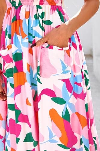 PRETTYGARDEN Womens Summer Dresses 2026 Casual Spaghetti Strap Ruffle Smocked Flowy Floral Spring Maxi Dress with Pocket(Apricot Rose Red Flower,Large) - Thumbnail 6