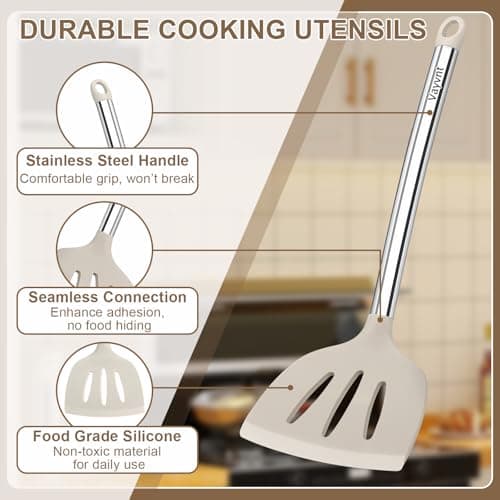 8 Pieces Kitchen Utensils Set, Vayvnt Silicone Cooking Utensils Set for Non-Stick Cookware, Stainless Steel Handle, Heat Resistant Kitchen Gadgets Includes Large Spatula Tongs, Dishwasher Safe, Khaki - Thumbnail 3