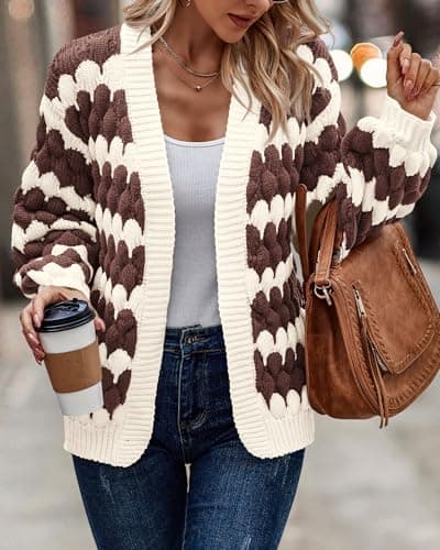 KIRUNDO Women's Cardigan Sweater 2026 Fall Winter Open Front Long Sleeve Cable Knit Color Block Striped Cardigan Casual Oversized Sweater Jacket Outwear(Coffee, Small) - Thumbnail 5